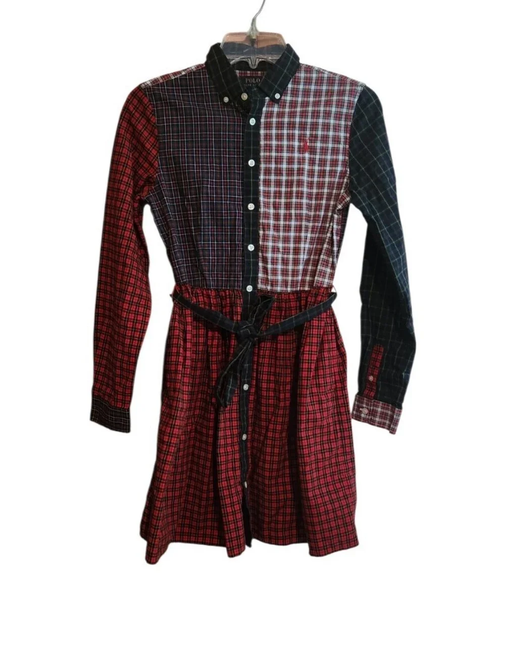 Polo by Ralph Lauren Mixed Tartan Plaid Button-Down Dress in Red, Black, White